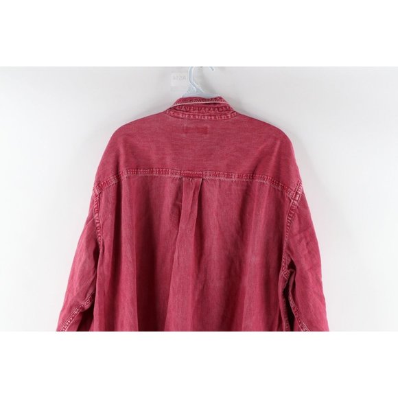 Vintage 90s Lands End Mens 2XL Faded Stonewashed Denim Button Shirt Red Cotton - Picture 7 of 8